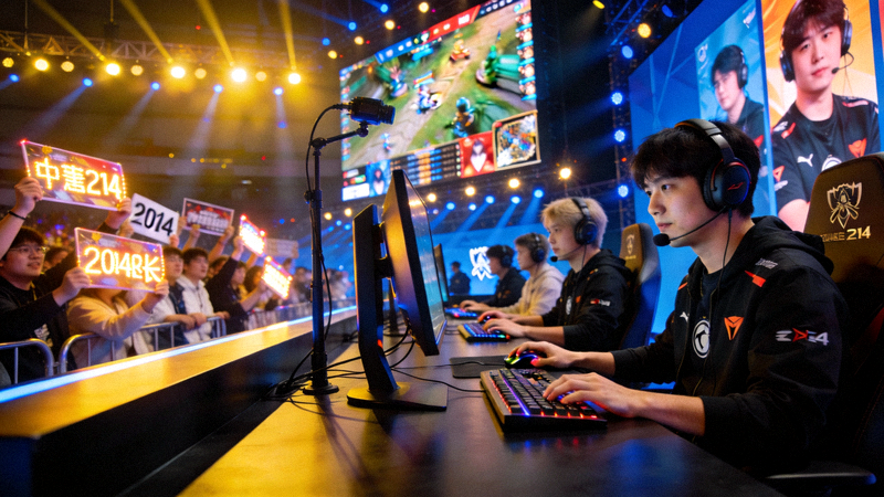 英雄联盟全球总决赛S14比赛现场，选手在竞技台上激烈对战